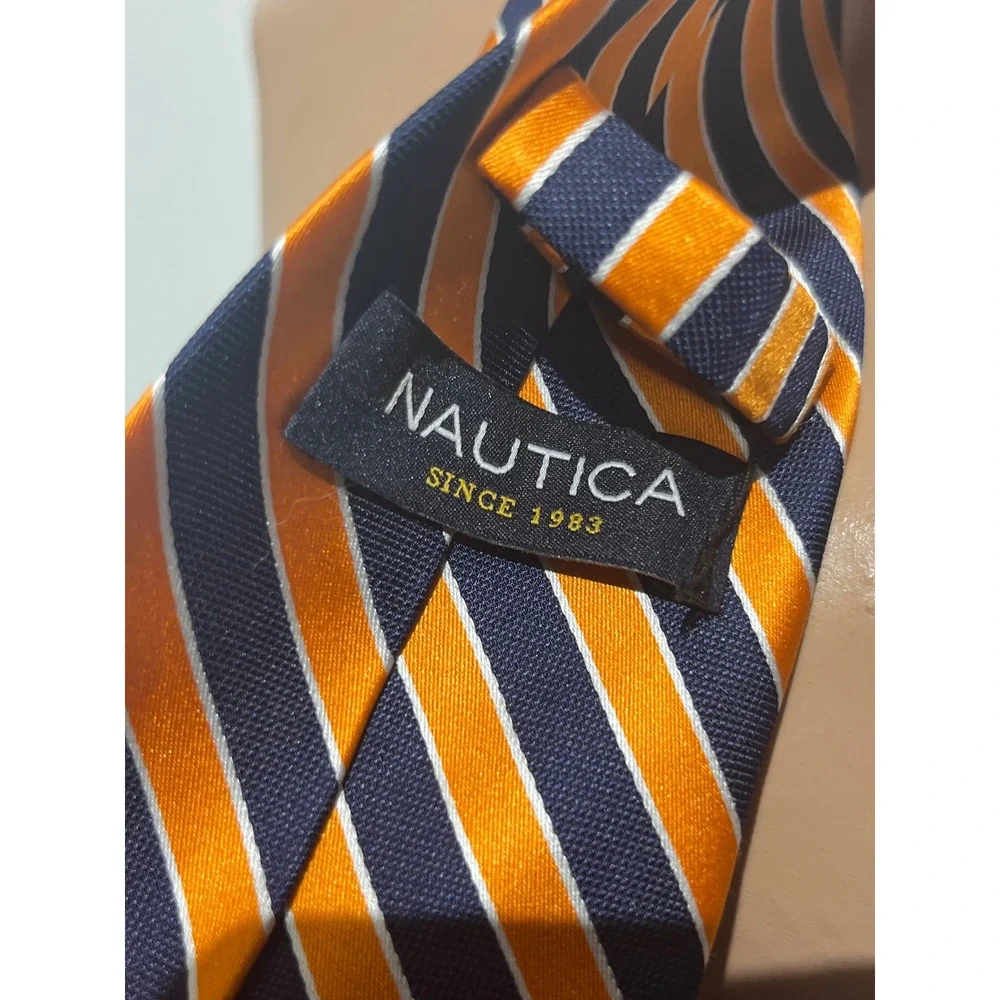 Nautica Mens Silk Necktie Orange Navy Blue White Striped Classic Repp Tie